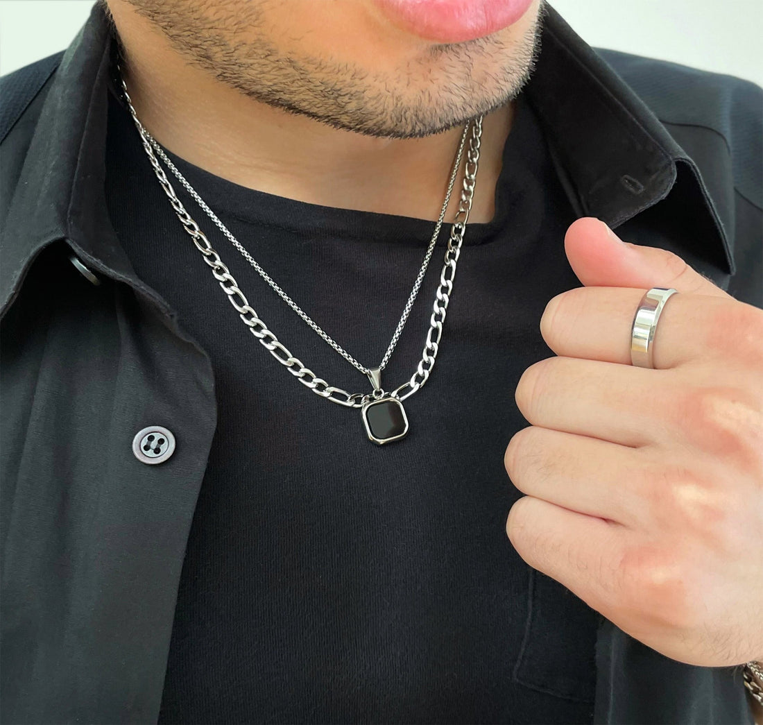 silver onyx square pendant necklace mens waterproof jewelry