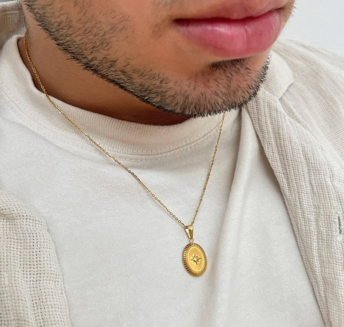 gold-north-star-oval-pendant-necklace-mens-waterproof-jewelry