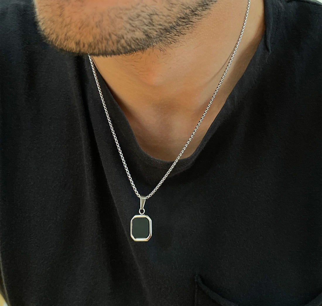 silver onyx square pendant necklace mens waterproof jewelry