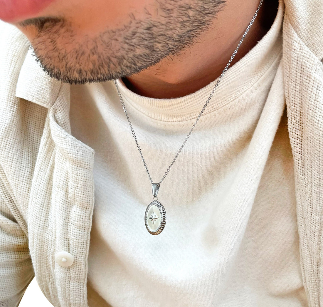 silver starburst pendant necklace mens waterproof jewelry