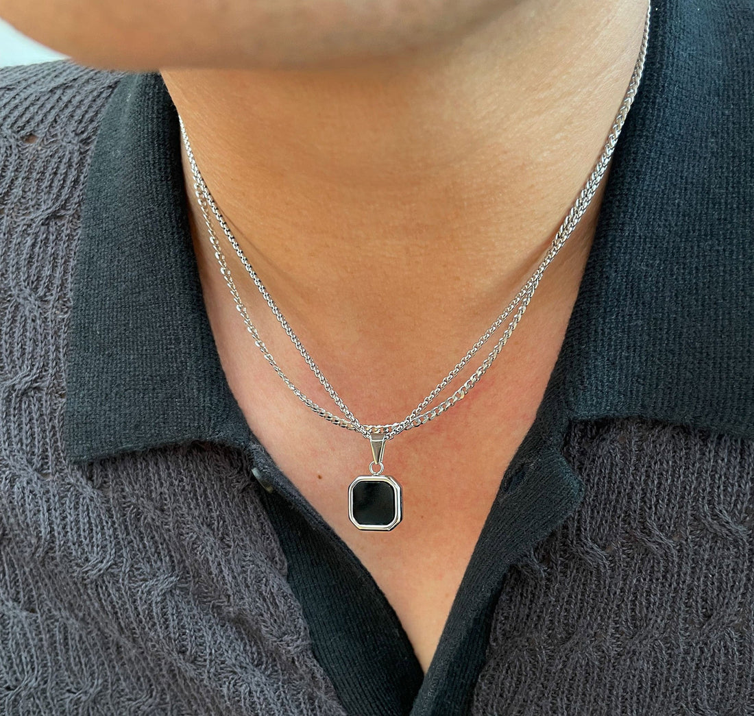 silver onyx square pendant necklace mens waterproof jewelry
