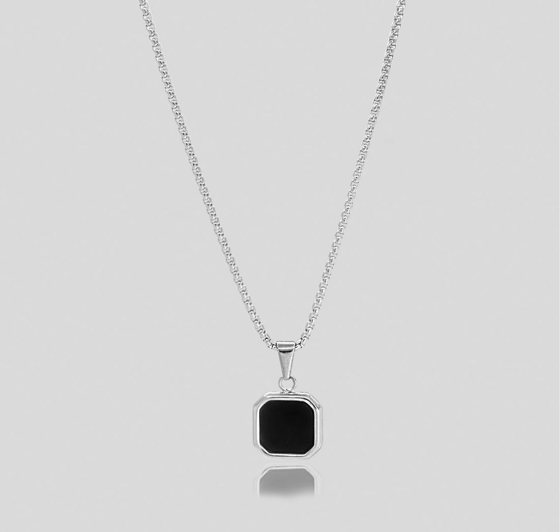 silver onyx square pendant necklace mens waterproof jewelry