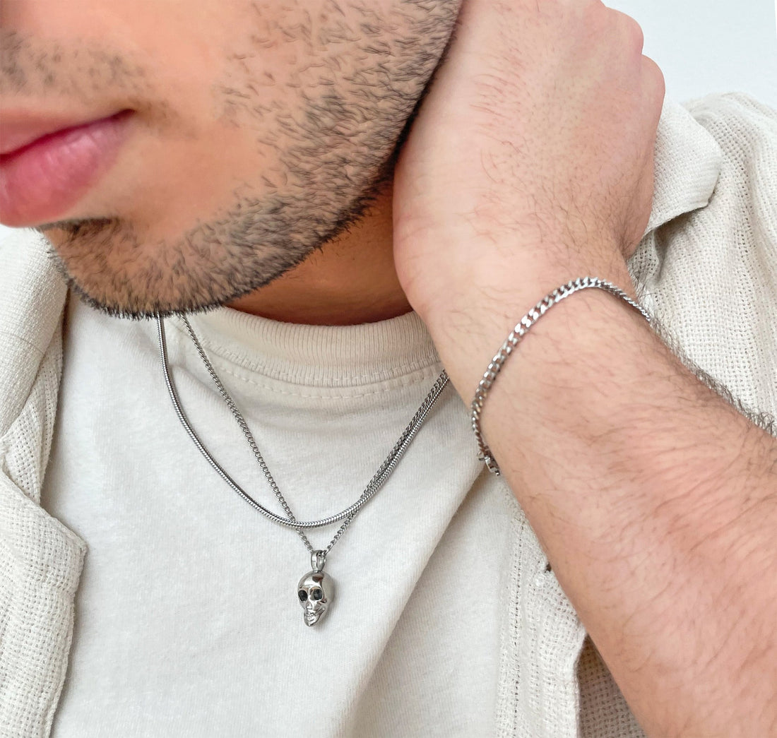 silver skull pendant necklace mens waterproof jewelry