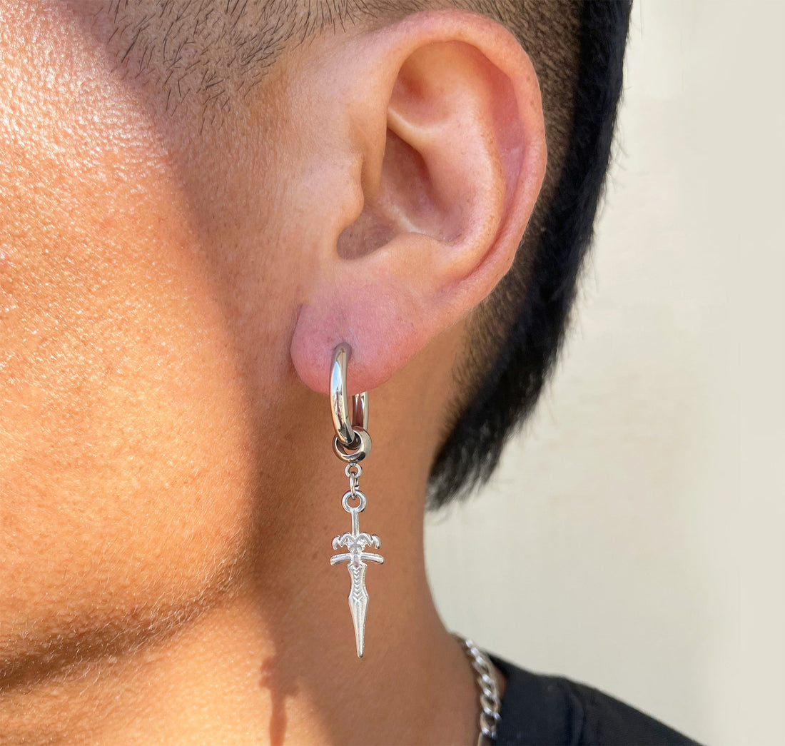 SILVER HUGGIE DAGGER EARRING MENS WATERPROOF JEWELRY